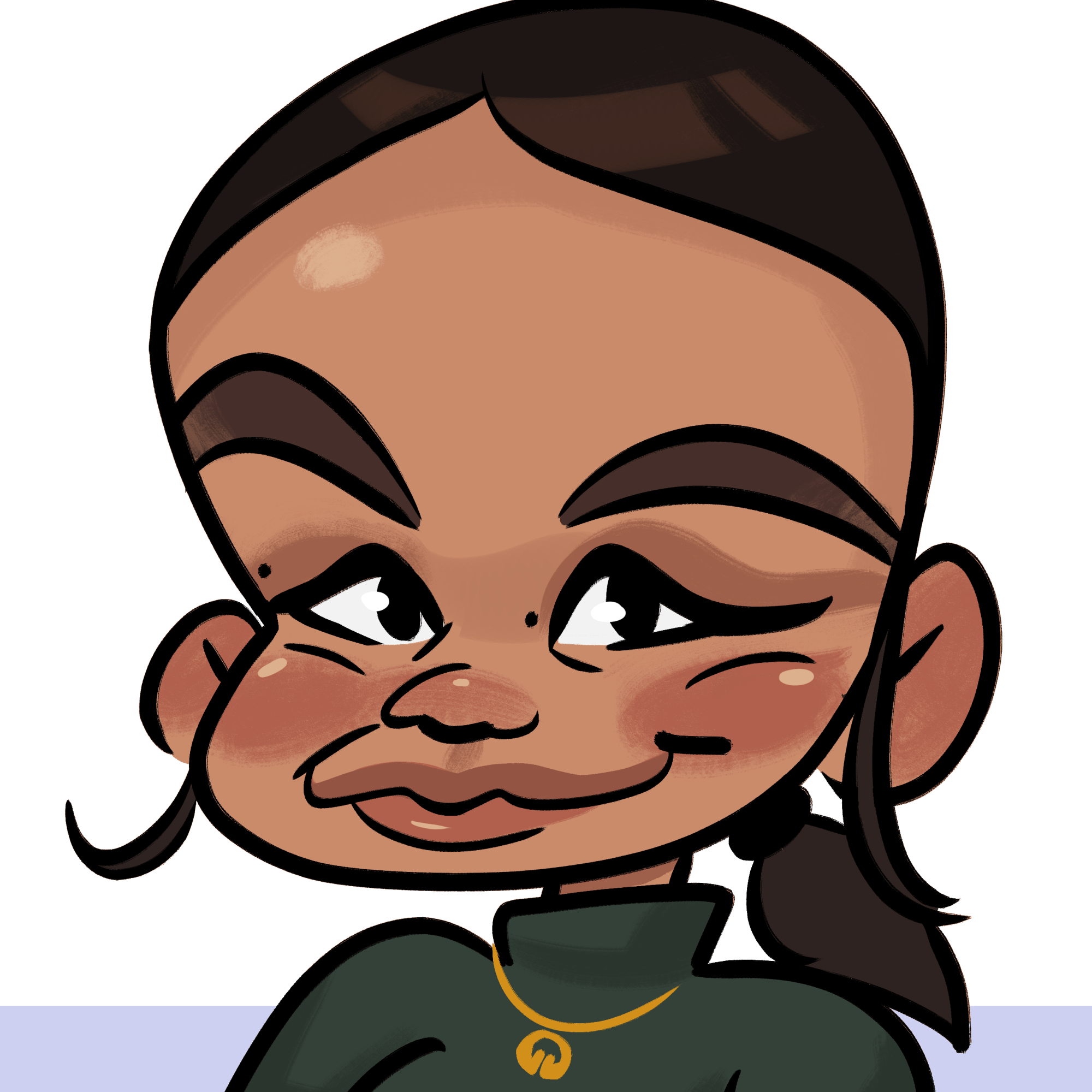 A digital caricature with a purple accent