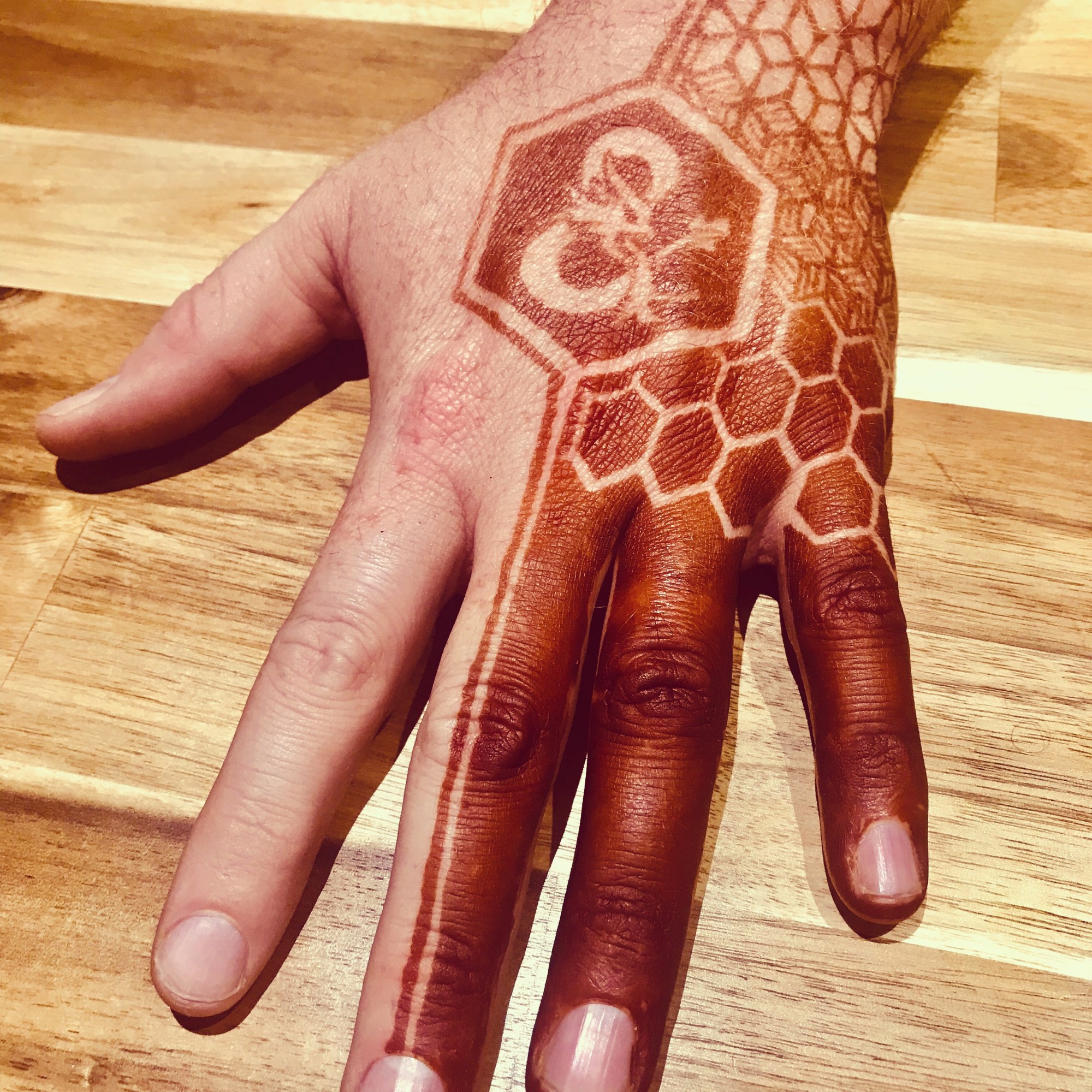 A Dungeon and Dragons themed henna tattoo on a man's hand