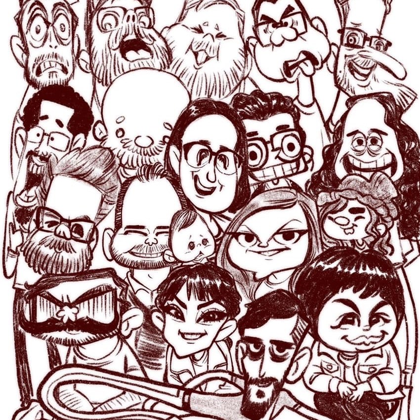 A black and white group caricature of The California Boys